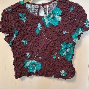 Free People Cropped Ruched Brown Turquoise Top